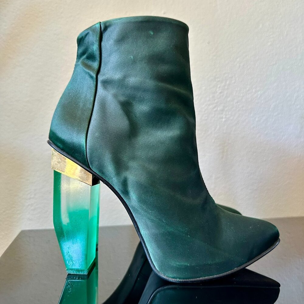 Rare Miista Amaya satin green/gold heeled boots clear/transparent Lucite/Perspex